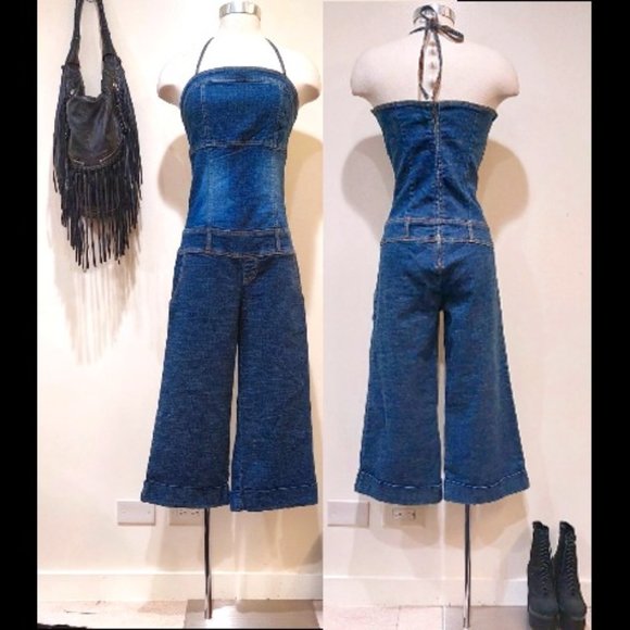 vintage Pants - 💋1970's BOHO CHIC💋 Capri Sanded Capri Denim Jumpsuit in Blue